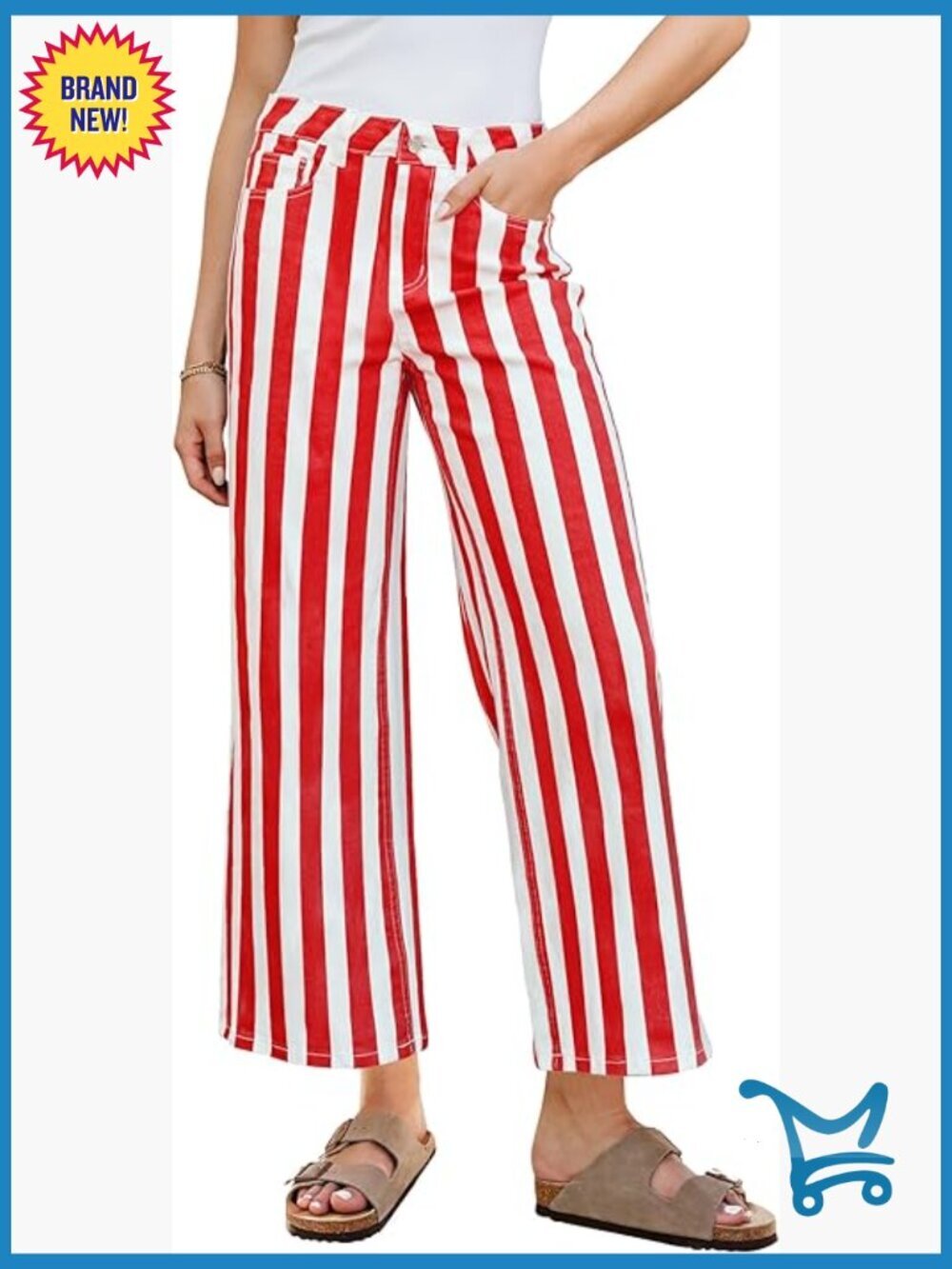 Striped Wide Leg High Waisted Stretchy Denim Pants with Pockets